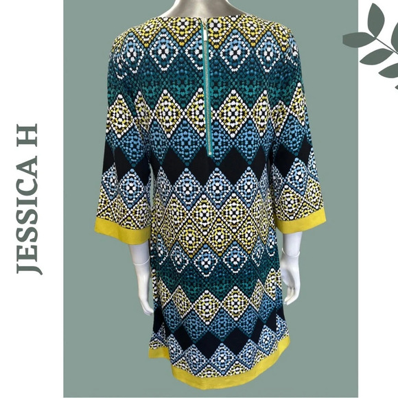 Jessica H 3/4 Sleeve Tunic Dress Geometric Diamond Print Lined Blue Green Size 6 - Picture 3 of 8
